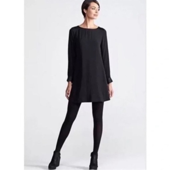 Eileen Fisher Long Sleeve Silk Bateau Neck Tunic Dress in Black Size Extra Small - Picture 1 of 12